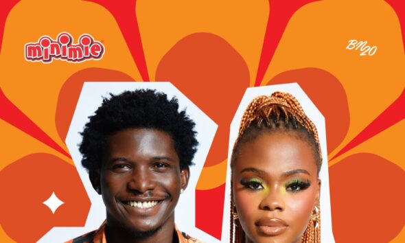 BBNaija Season 11 Week in Review graphic featuring two housemates against a red and orange floral background with the Minimie logo.