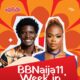 BBNaija Season 11 Week in Review graphic featuring two housemates against a red and orange floral background with the Minimie logo.