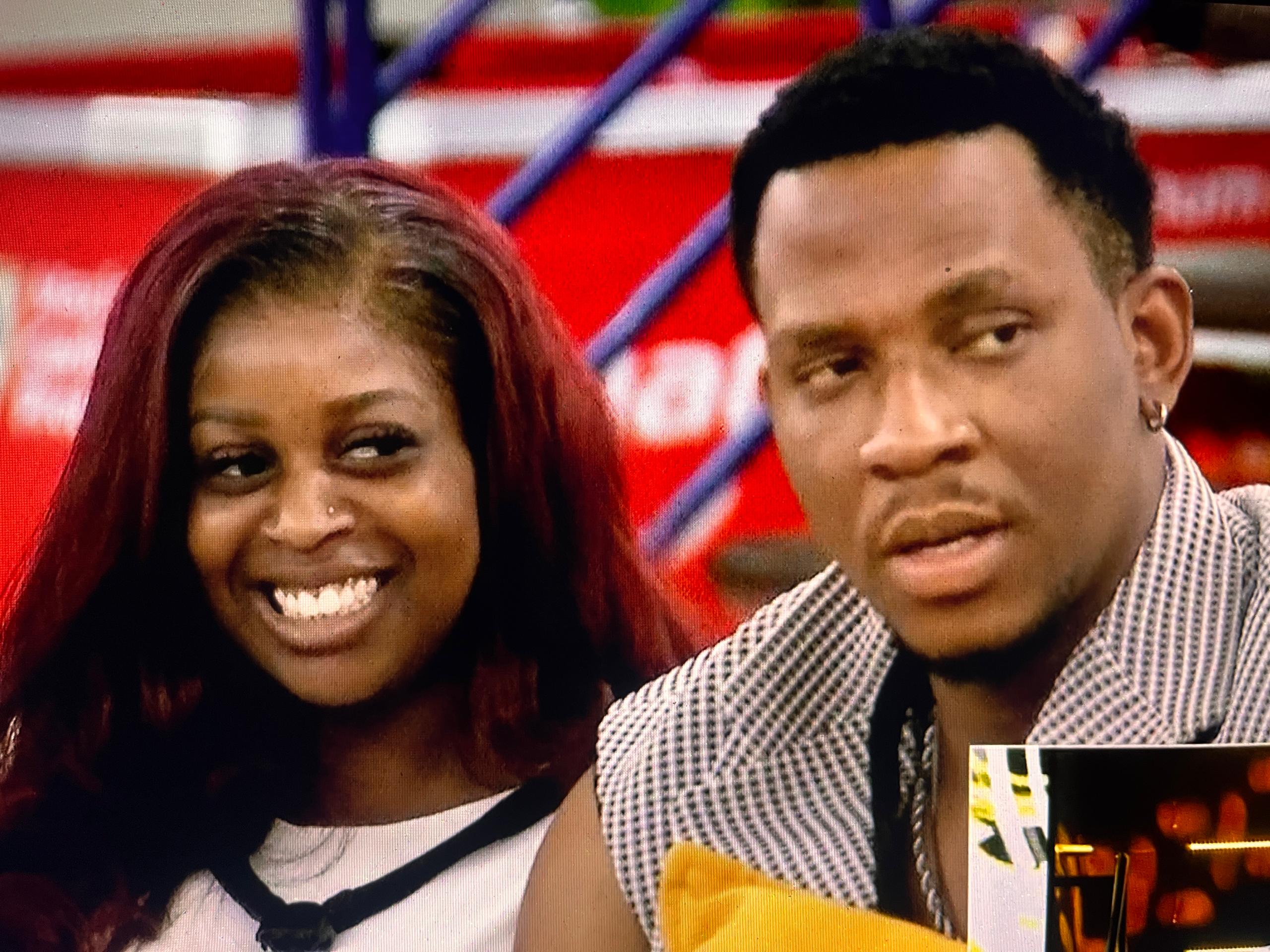 BBNaija Season 11 housemates Barry and Temi Nkem sitting together during the live show.