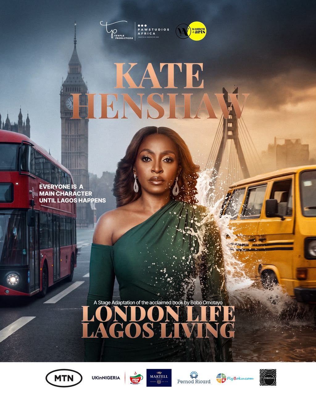Kate Henshaw in a green off-the-shoulder dress featured on the official poster for London Life Lagos Living stage production.