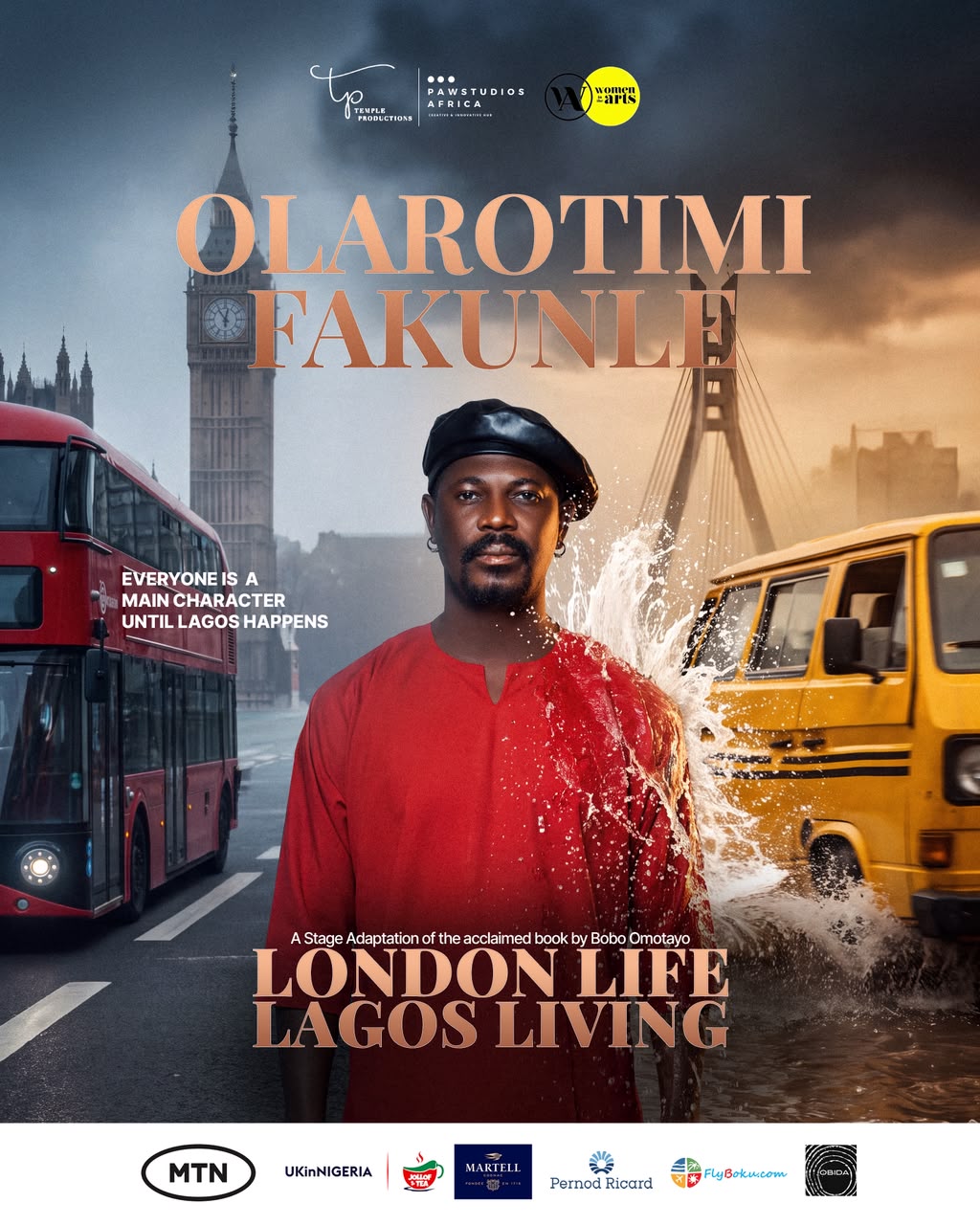 Olarotimi Fakunle wearing a red tunic and black beret on the character poster for London Life Lagos Living.