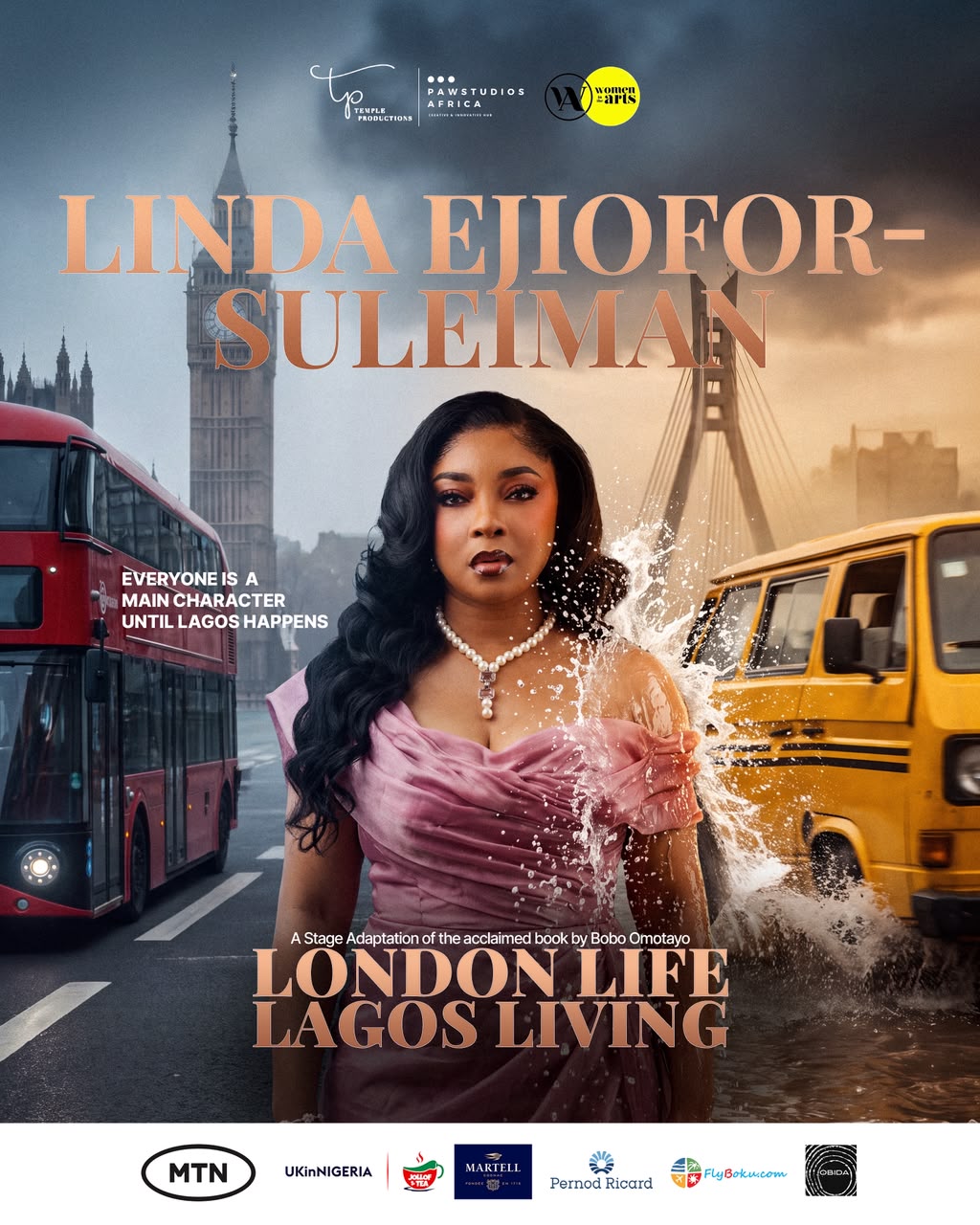 Linda Ejiofor-Suleiman wearing a pink off-the-shoulder gown and pearl necklace on the London Life Lagos Living poster.