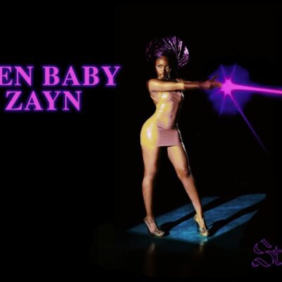 Ayra Starr wearing a pink mini dress and metallic purple Gele headpiece with pink laser light text reading Heaven Baby Ft ZAYN.