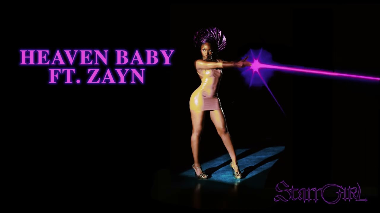 Ayra Starr wearing a pink mini dress and metallic purple Gele headpiece with pink laser light text reading Heaven Baby Ft ZAYN.