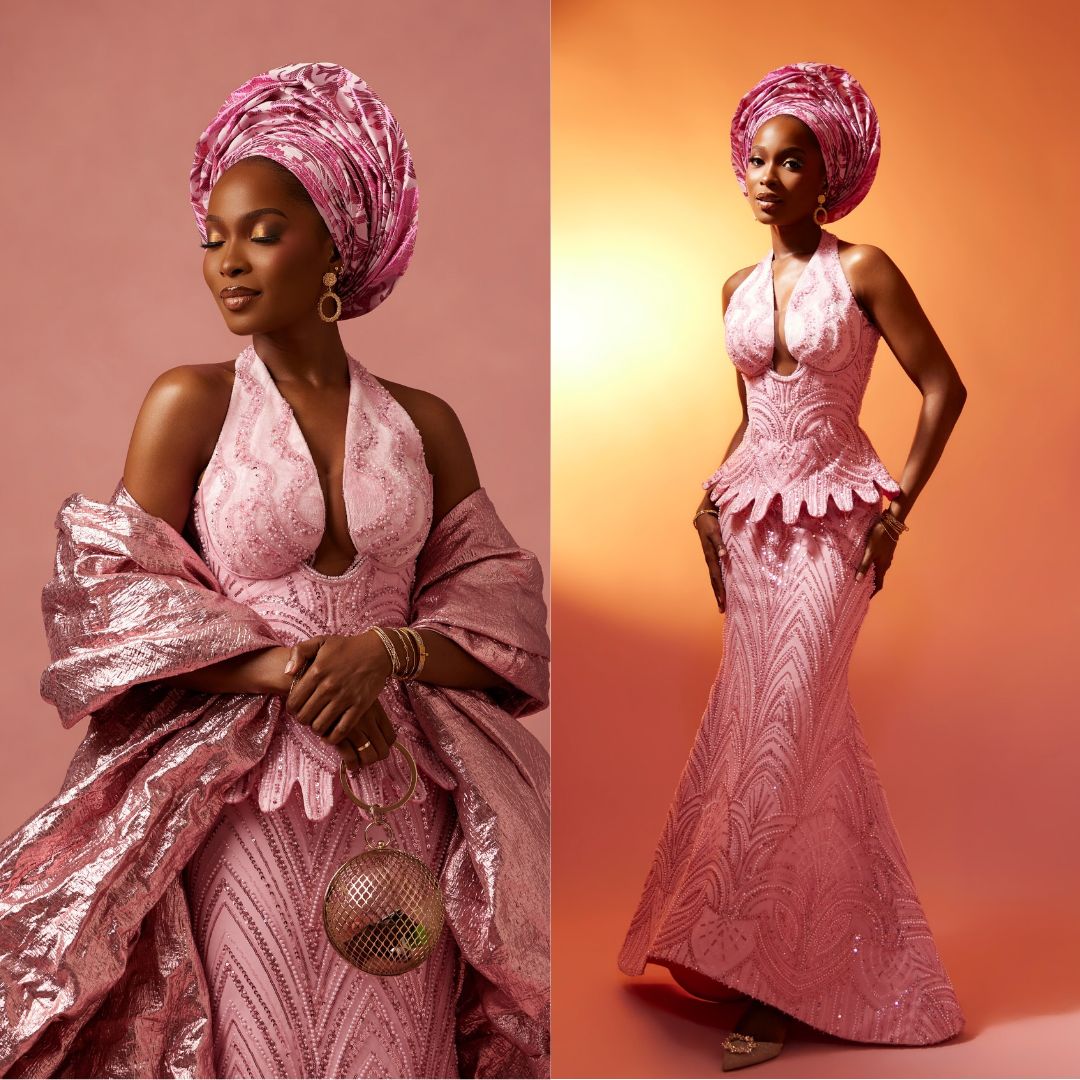 emima Osunde wearing a rose-pink chevron-patterned mermaid gown with a voluminous textured brocade cape for Akin Faminu traditional wedding.