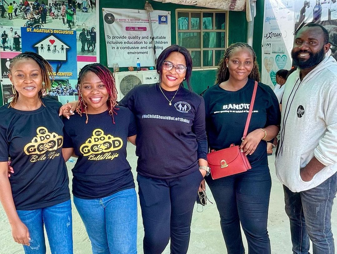 BellaNaija Do Good team posing with Agatha Obiageli Aghedo Memorial Foundation representatives outside St. Agatha's Inclusive Learning Centre.