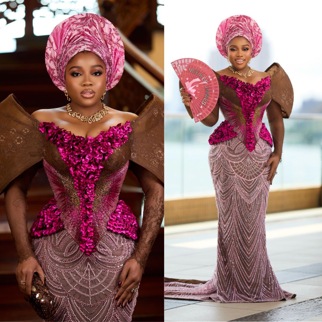 Veekee James wearing a corseted brown and magenta embellishment dress with dramatic off-shoulder structured sleeves and a patterned rose Gele at Akin Faminu traditional wedding.
