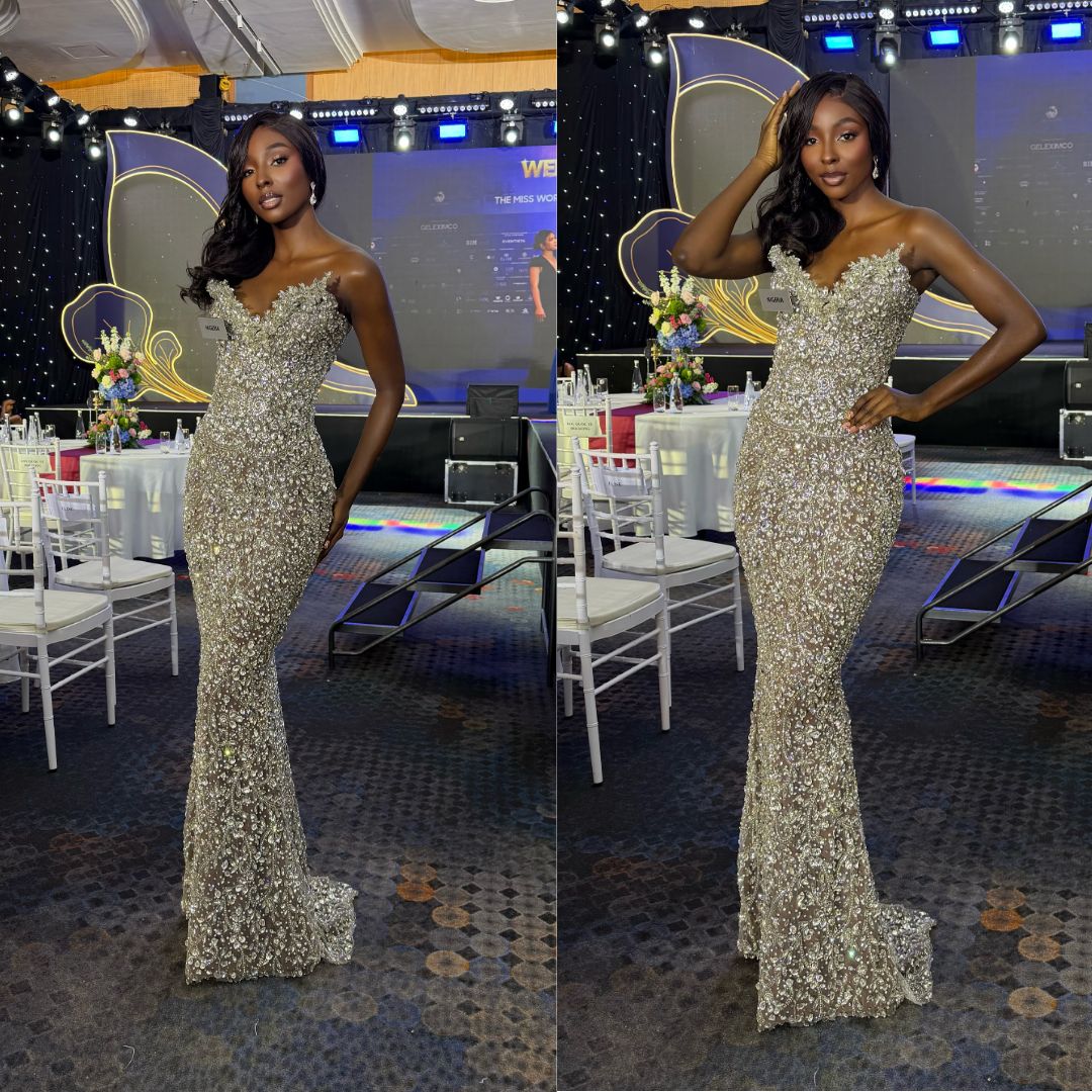 Tamunosoye Karibi-George posing in a strapless silver embellished column gown with sweetheart neckline at Miss World 2026 Sashing Ceremony