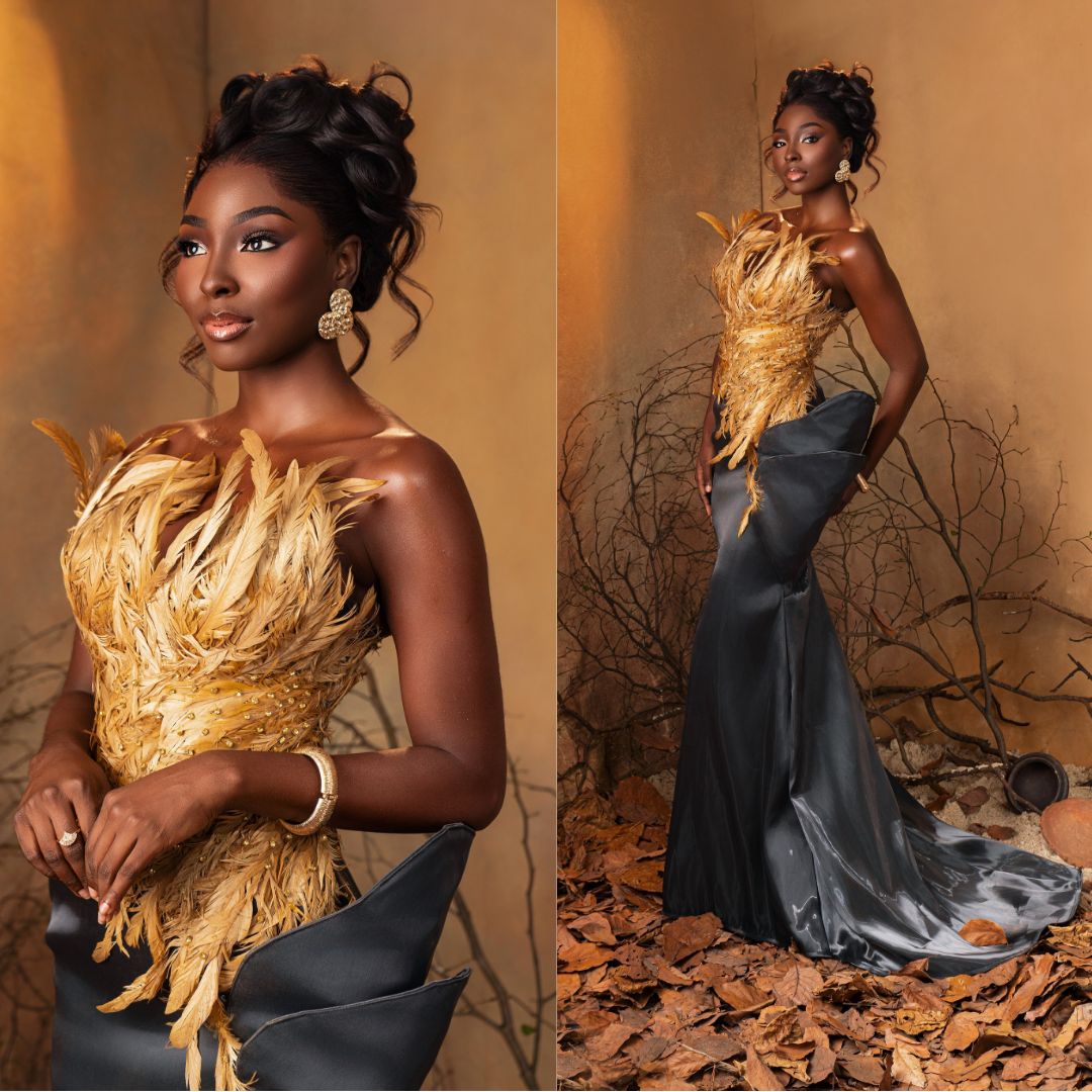Tamunosoye Karibi-George in a gold feather corseted top and slate-grey satin mermaid skirt for Miss World 2026 Talent Competition