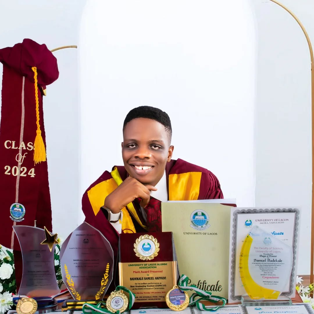 Samuel Badekale seated behind his UNILAG certificates, medals, and academic plaques with a Class of 2024 banner.