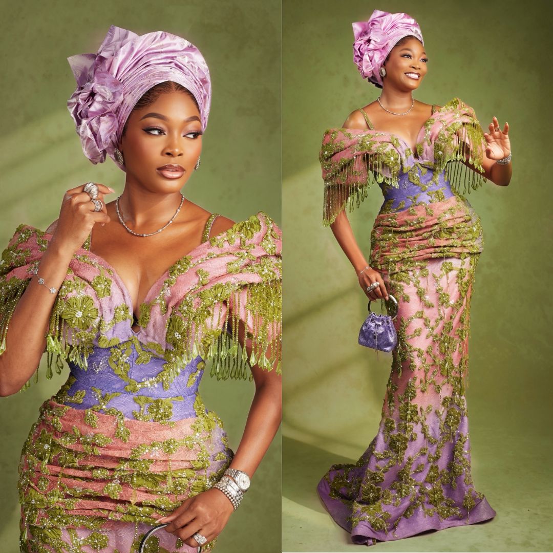Bukunmi Adeaga-Ilori (Kiekie) wearing a lilac and pink off-shoulder gown with green fringe detailing and a rose Gele at Akin Faminu traditional wedding.
