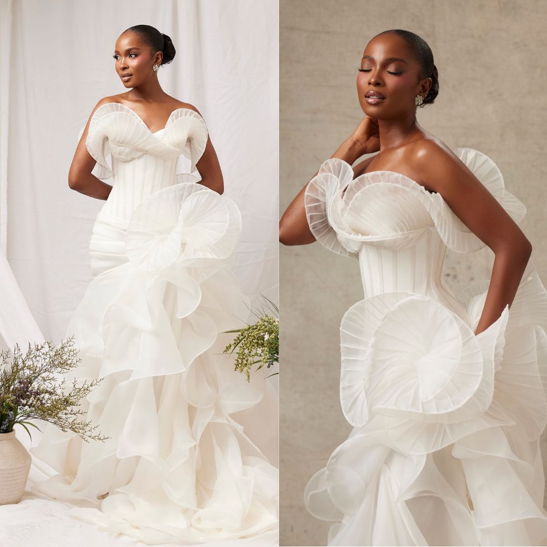 Jemima Osunde wearing a strapless sweetheart corset gown with dramatic pleated organza ruffles.