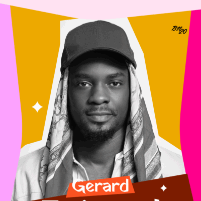 Gerard wearing a baseball cap and patterned scarf overlay with text announcing his eviction from Big Brother Naija Season 11.