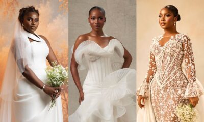 Prudent Gabriel in a halterneck white gown with a veil, Jemima Osunde in an organza corset dress, and Simi Sanya in a long-sleeved lace bridal gown at the A Mama Deola Wedding Story premiere.