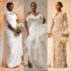 Prudent Gabriel in a halterneck white gown with a veil, Jemima Osunde in an organza corset dress, and Simi Sanya in a long-sleeved lace bridal gown at the A Mama Deola Wedding Story premiere.