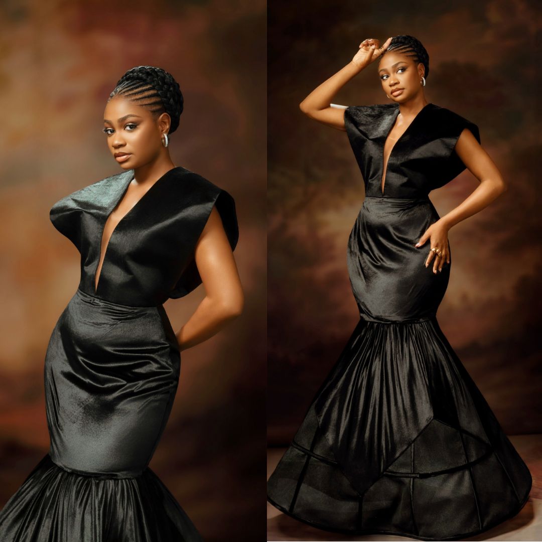 Sophia Chisom wearing a structured black mermaid dress at the Starlomo movie premiere in Lagos.