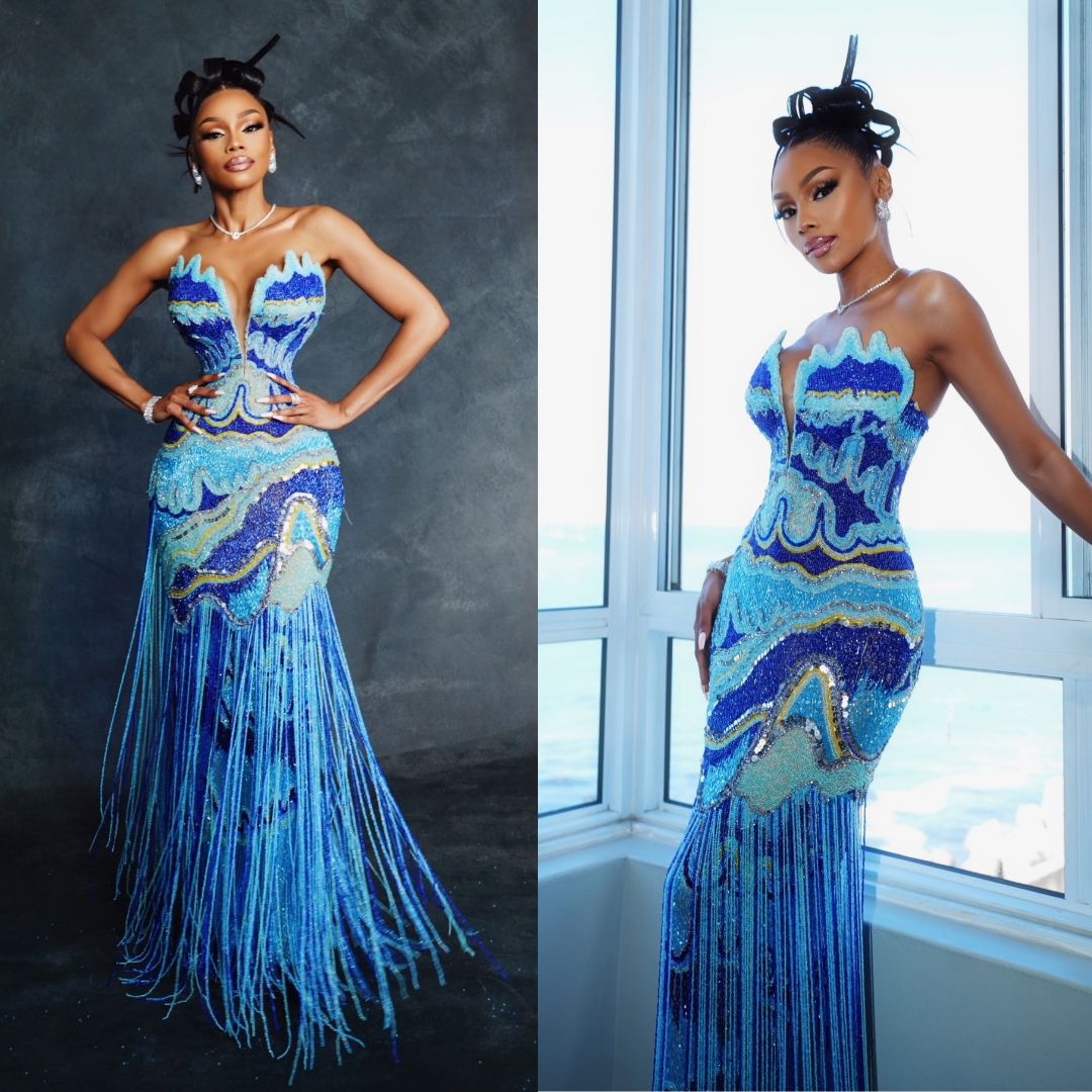 Bonang Matheba wearing a custom blue Sheye Oladejo strapless beaded dress with fringe hem for Miss Cosmo, styled by Dahmola.