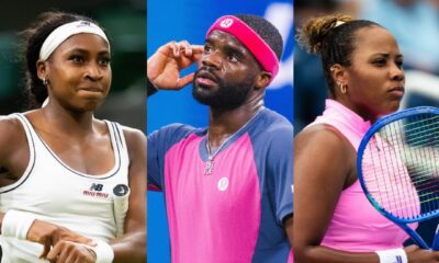 Coco Gauff in white, Frances Tiafoe in pink, and Taylor Townsend in pink holding a tennis racket.