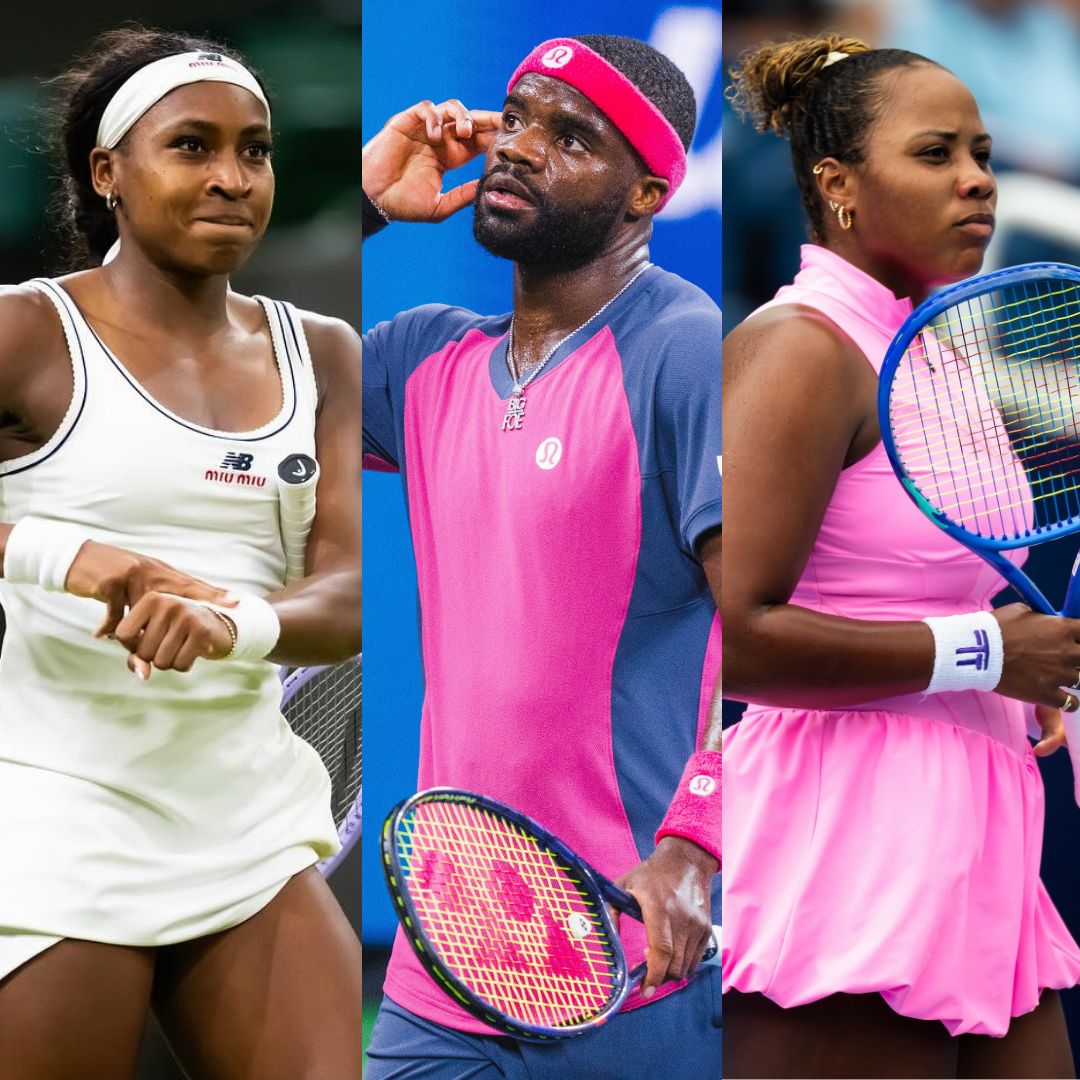 Coco Gauff in white, Frances Tiafoe in pink, and Taylor Townsend in pink holding a tennis racket.