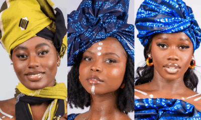 three Miss Guiné-Bissau UK 2026 contestants styled in traditional headwraps and cultural accessories