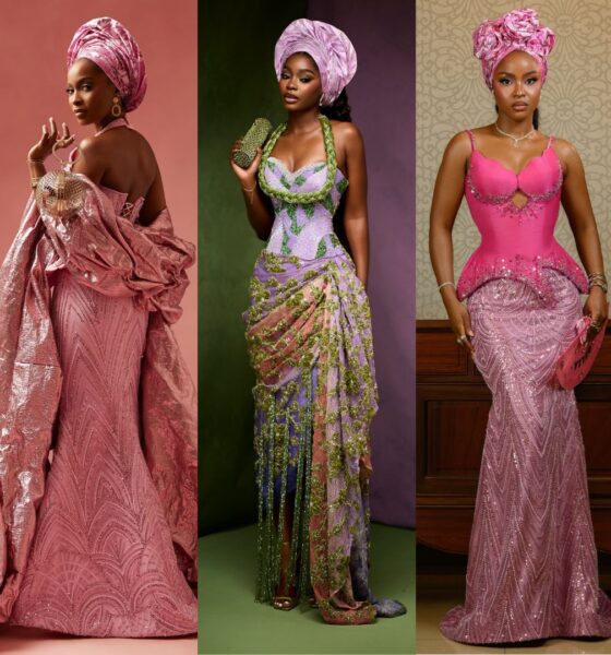 Fashion collage featuring Jemima Osunde in a rose cape gown, Dede Ashiogwu in a lilac-green fringe dress, and Bella Okagbue in a hot-pink basque corset at Akin Faminu traditional wedding.
