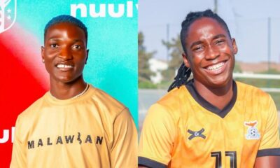 Malawian forward Temwa Chawinga in a beige top alongside Zambian captain Barbra Banda wearing her orange national team jersey.