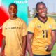 Malawian forward Temwa Chawinga in a beige top alongside Zambian captain Barbra Banda wearing her orange national team jersey.