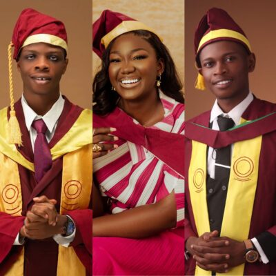 University of Lagos graduates Samuel Badekale, Similoluwa Scott, and Benedict Umeozor in their graduation caps and attire.
