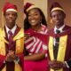 University of Lagos graduates Samuel Badekale, Similoluwa Scott, and Benedict Umeozor in their graduation caps and attire.