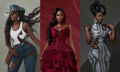 Nana Akua Addo in flared Western denim, a magenta velvet-fringe dress, and a grey optical-print column gown.