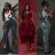Nana Akua Addo in flared Western denim, a magenta velvet-fringe dress, and a grey optical-print column gown.