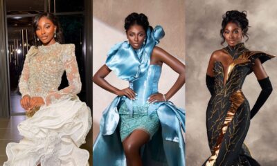 Three-panel photo of Tamunosoye Karibi-George wearing a white ruffled high-low gown, ice-blue structured dress, and black gold mermaid gown at Miss World 2026