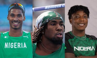Nigerian national athletics record holders Jami Schlueter, Chinecherem Nnamdi, and Kanyinsola Ajayi in official national team kits.