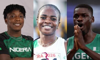 Nigerian track and field athletes Kayinsola Ajayi, Tobi Amusan, and Ezekiel Nathaniel wearing Team Nigeria athletics kits.