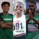 Nigerian track and field athletes Kayinsola Ajayi, Tobi Amusan, and Ezekiel Nathaniel wearing Team Nigeria athletics kits.