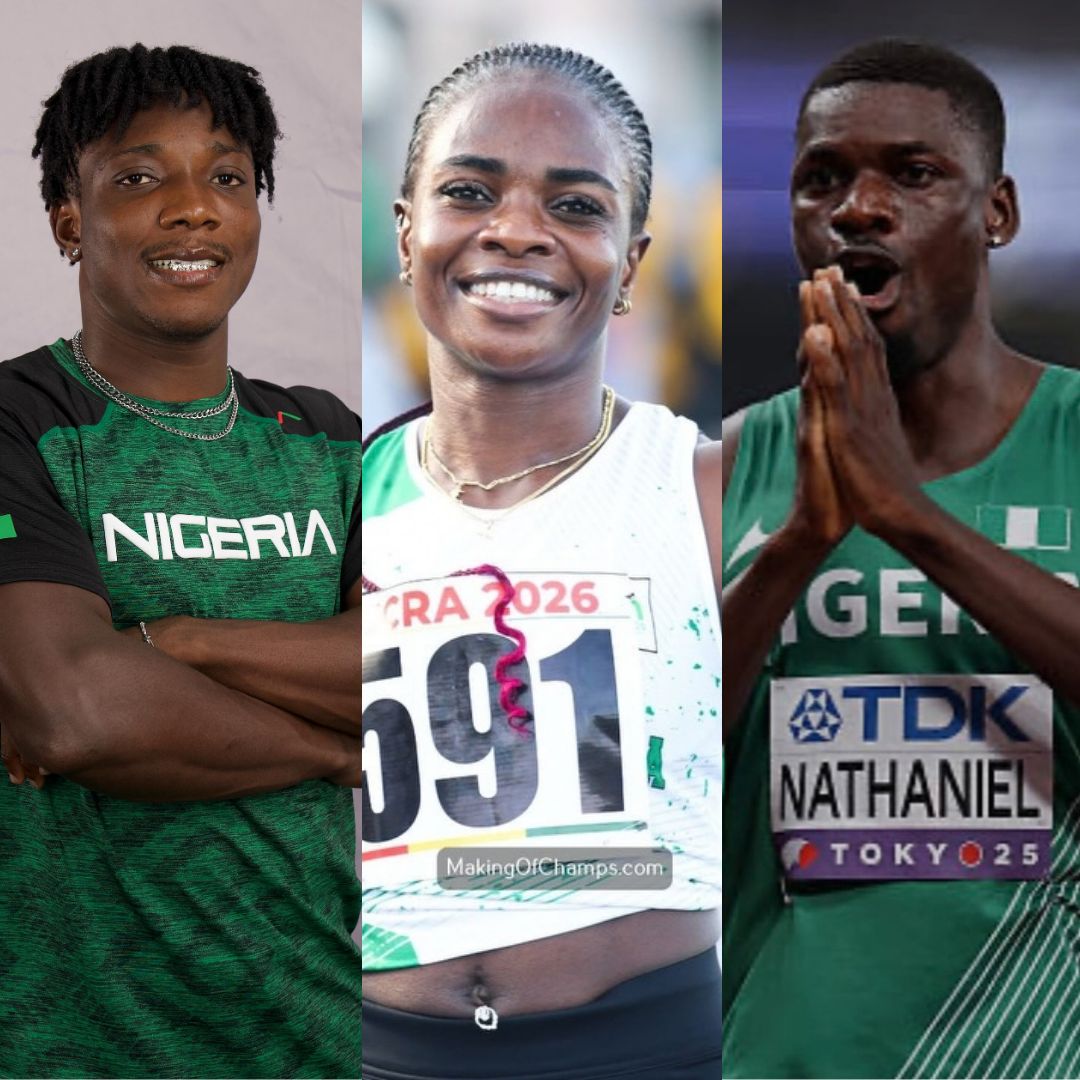 Nigerian track and field athletes Kayinsola Ajayi, Tobi Amusan, and Ezekiel Nathaniel wearing Team Nigeria athletics kits.