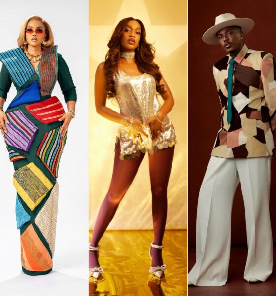 Iyabo Ojo, Efe Irele, and Timini Egbuson wearing African Music Icon themed outfits at the Starlomo movie premiere.