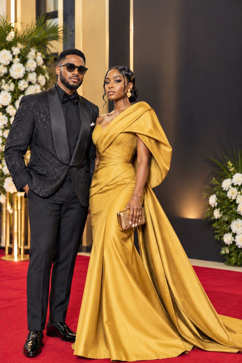 Couple on the red carpet wearing a mustard gold one-shoulder couture gown and a textured black tux for the BN 20 Gala High Fashion Icon dress code.