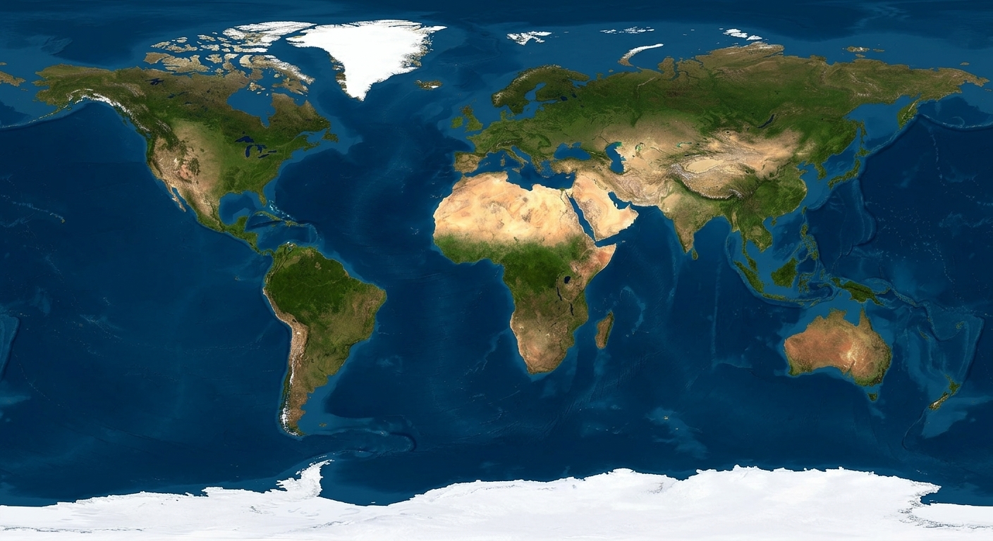 Flat map of the Earth on the Mercator projection, showing standard continental placements used to establish visual context.