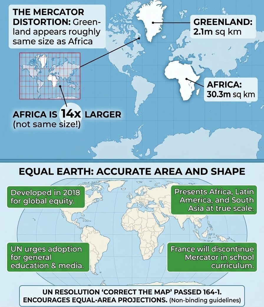 Infographic analysing map distortion, contrasting the Mercator projection with the Equal Earth projection to show true relative sizes of continents.
