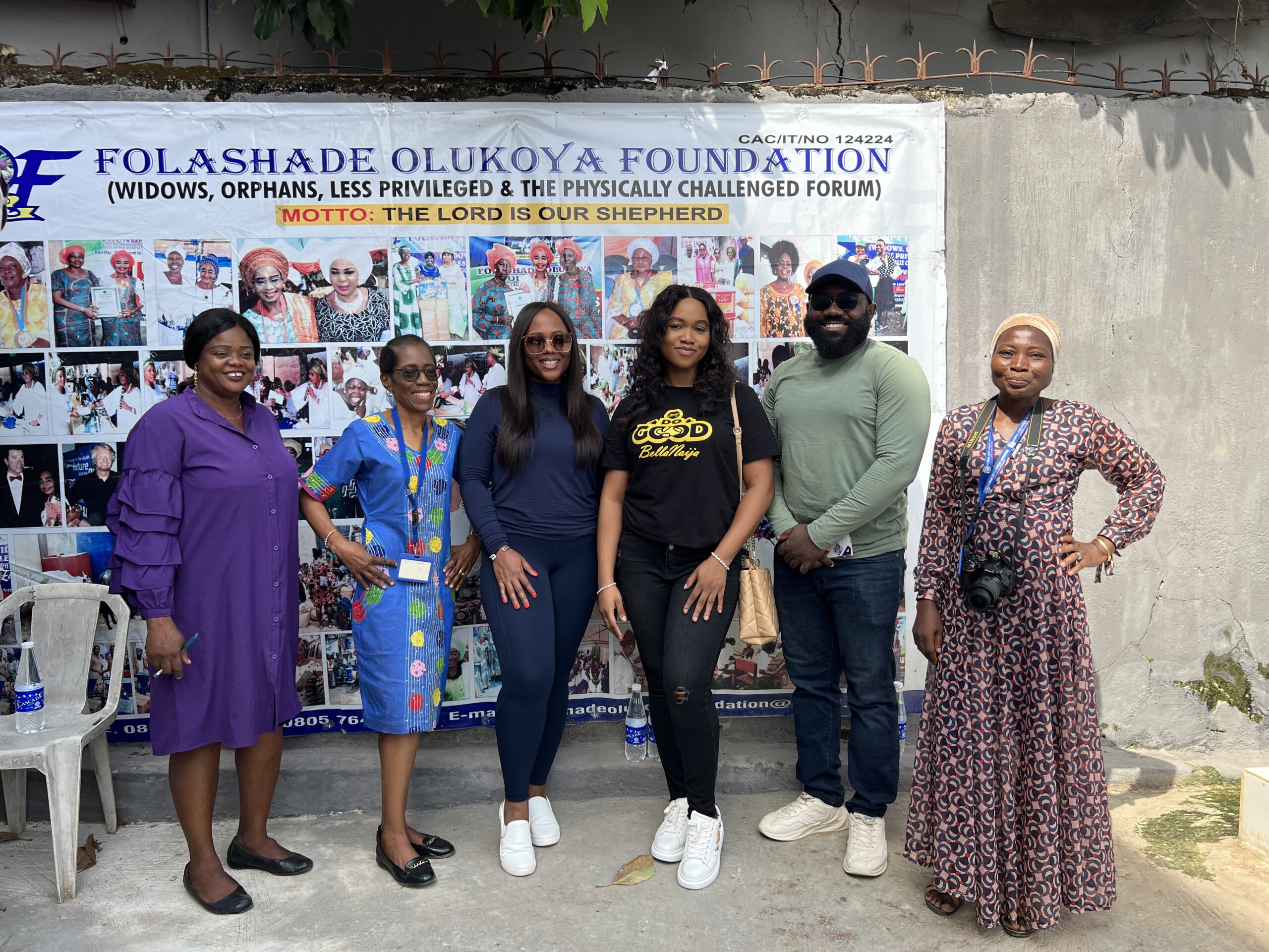 BellaNaija Do Good team members standing with Folashade Olukoya Foundation representatives during 2023 widows outreach.