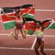 Kenyan long-distance runners Beatrice Chebet and Faith Kipyegon jumping with Kenyan flags at the World Athletics Championships Tokyo 25