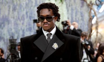 Virgil Abloh Award winner Wisdom Kaye in custom upcycled Public School metallic corset suit at Met Gala 2026.