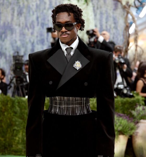 Virgil Abloh Award winner Wisdom Kaye in custom upcycled Public School metallic corset suit at Met Gala 2026.