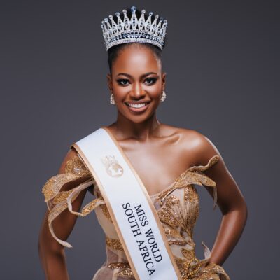 Romanda Hombir wearing her Miss World South Africa crown and sash after winning the national title.