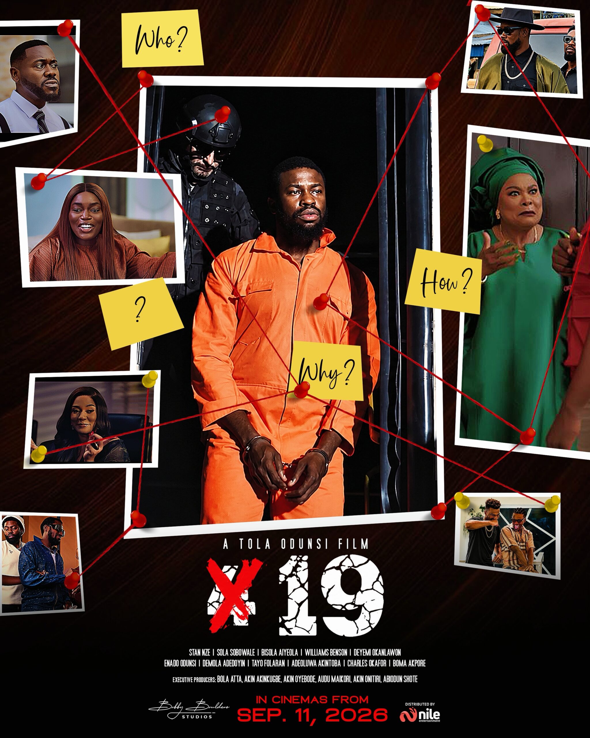 Official movie poster for 19 featuring Ademola Adedoyin in an orange jumpsuit surrounded by investigation photos