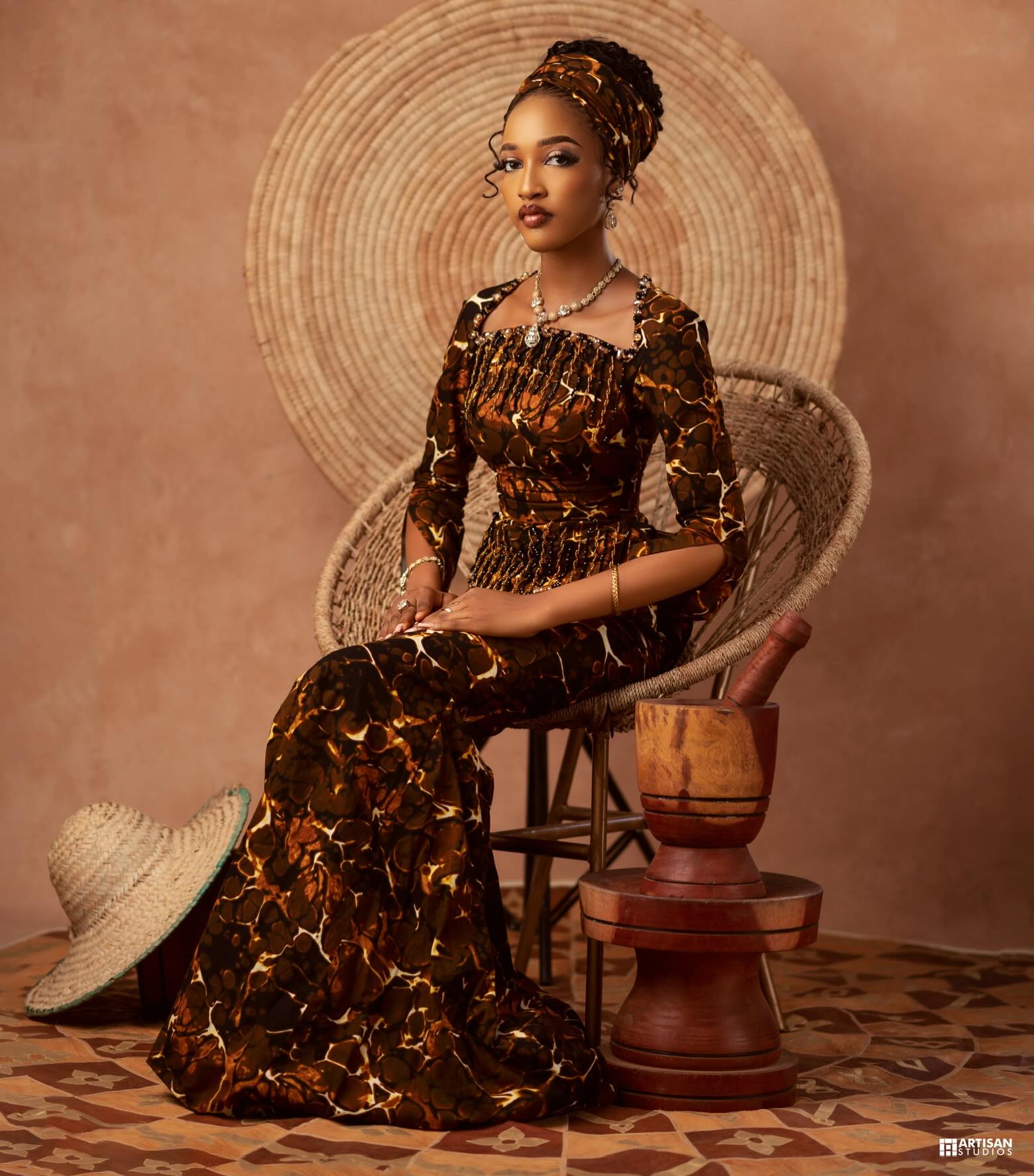BBNaija housemate Bluethopia wearing brown patterned traditional attire honoring her Fulani cultural roots