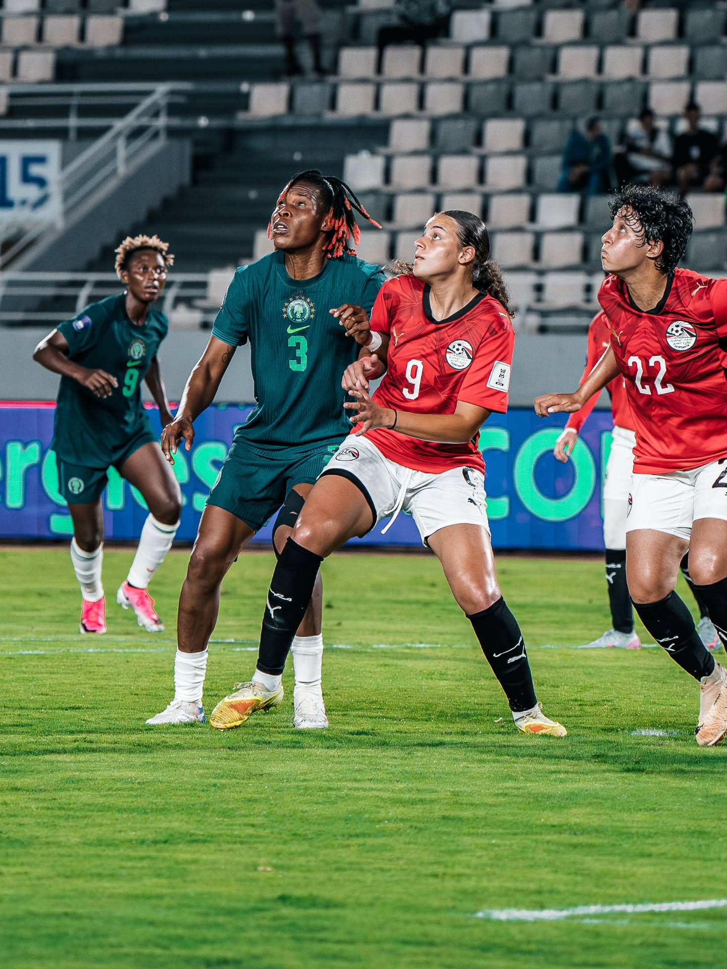 Osinachi Ohale tracking the ball in the air for Nigeria during an international fixture