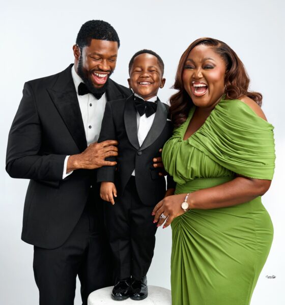 Blessing Obasi and Stan Nze laughing with their son Jayden in a 3rd birthday family photo shoot.