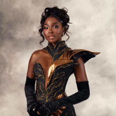 Alt Text: Tamunosoye Karibi-George in a black and gold gown at the Miss World 2026 Vietnam Flag Hoisting Ceremony, where she finished in the Top 12.